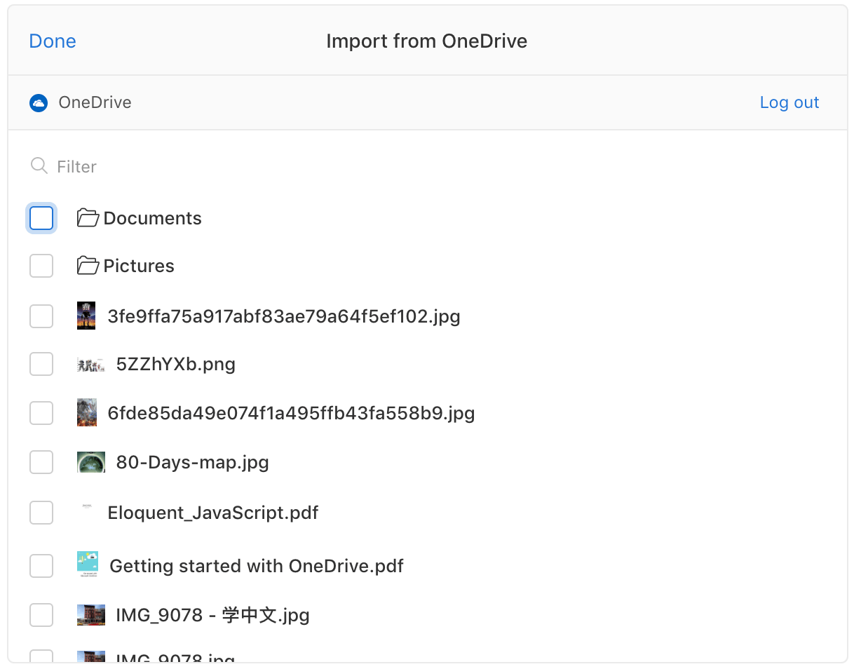 Screenshot showing Uppy file uploader with OneDrive file list