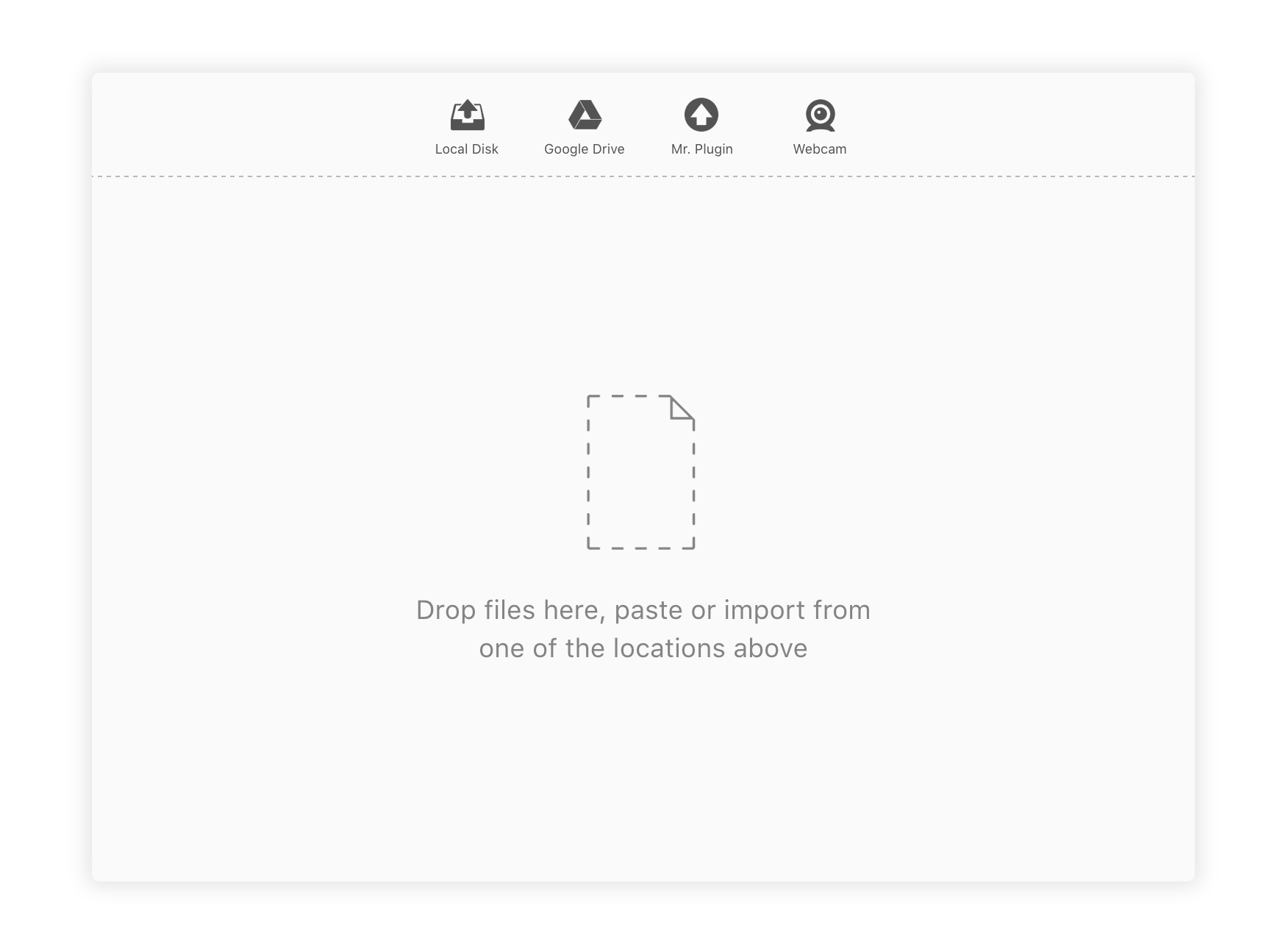 Dashboard UI, no files. Text: Drop files here, paste or import from one of the locations above