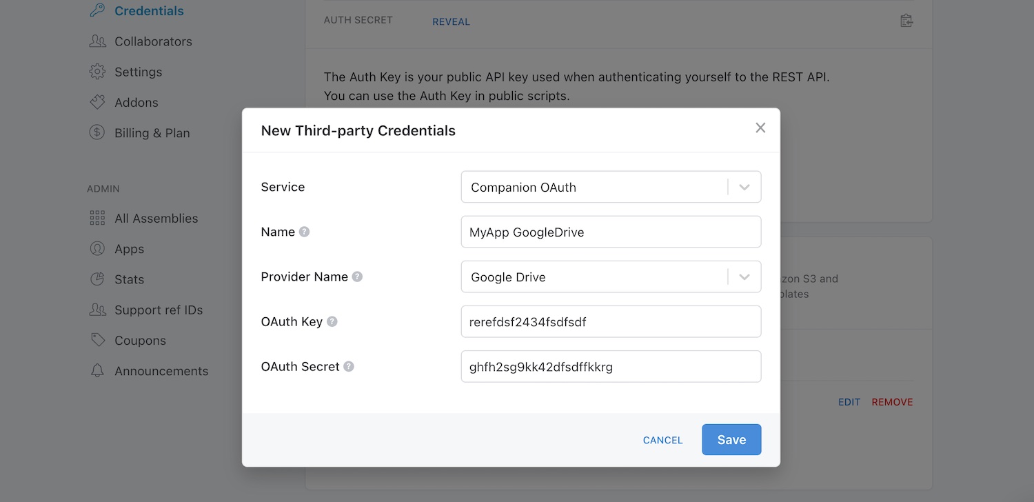 Transloadit Companion 3rd party credentials