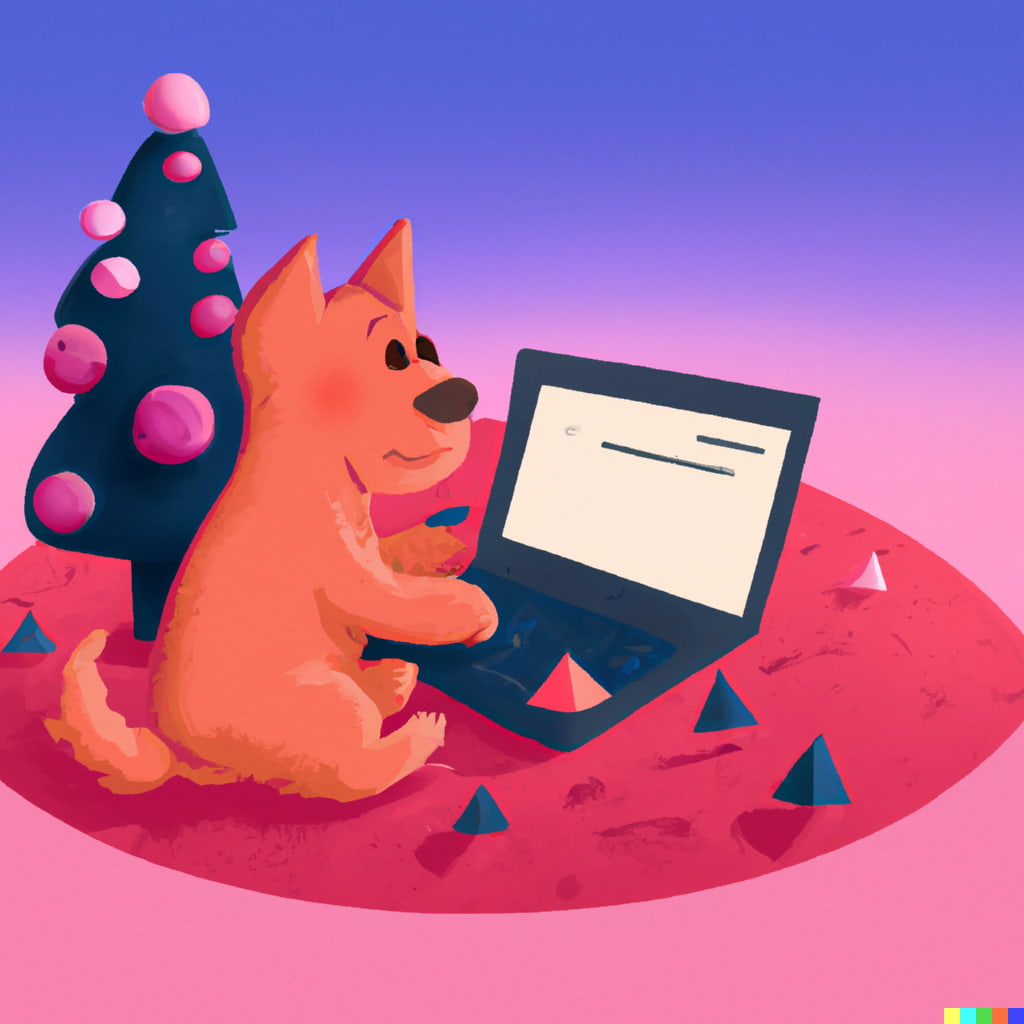 Drawing of a dog with a laptop and Christmas tree on Mars